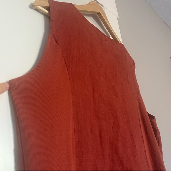 Lina Tomei Linen Pull Over Dress Beaded Neck Rusty Orange Brown Pockets Italy XL - Picture 7 of 7